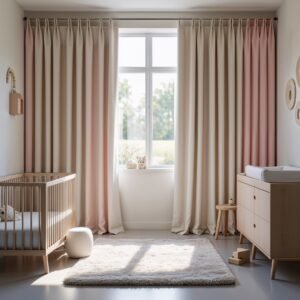 Organic cotton blackout curtains in a soft pastel nursery, filtering light for a safe baby sleep environment.