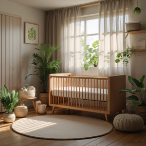 A sustainable nursery featuring organic cotton bedding, FSC-certified wood furniture, and baby-safe plants.