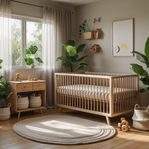 A sustainable baby room featuring organic bedding, FSC-certified wooden furniture, and baby-safe plants.