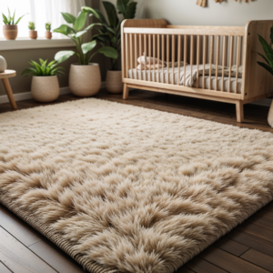 A soft, hypoallergenic nursery rug made from natural fibers, placed in a cozy, organic-themed baby room.