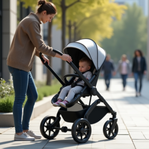 A modern, safety-certified stroller with a five-point harness and secure braking system, parked on a sidewalk.