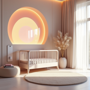 A luxury nursery featuring AI-driven smart lighting, automated climate control, and personalized design elements.