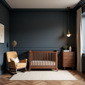 A luxury celebrity-inspired nursery featuring dark wood furnishings, a deep color palette, and smart home integration.