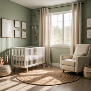 Gender-neutral nursery with sage green non-toxic painted walls, white crib, and natural wood decor.