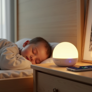 A baby nursery with a sound machine displaying a safe decibel level, ensuring a peaceful sleep environment.