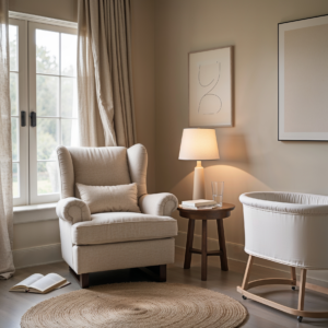 Luxury postpartum recovery nook with a plush armchair, soft lighting, and a white bassinet in a serene nursery.